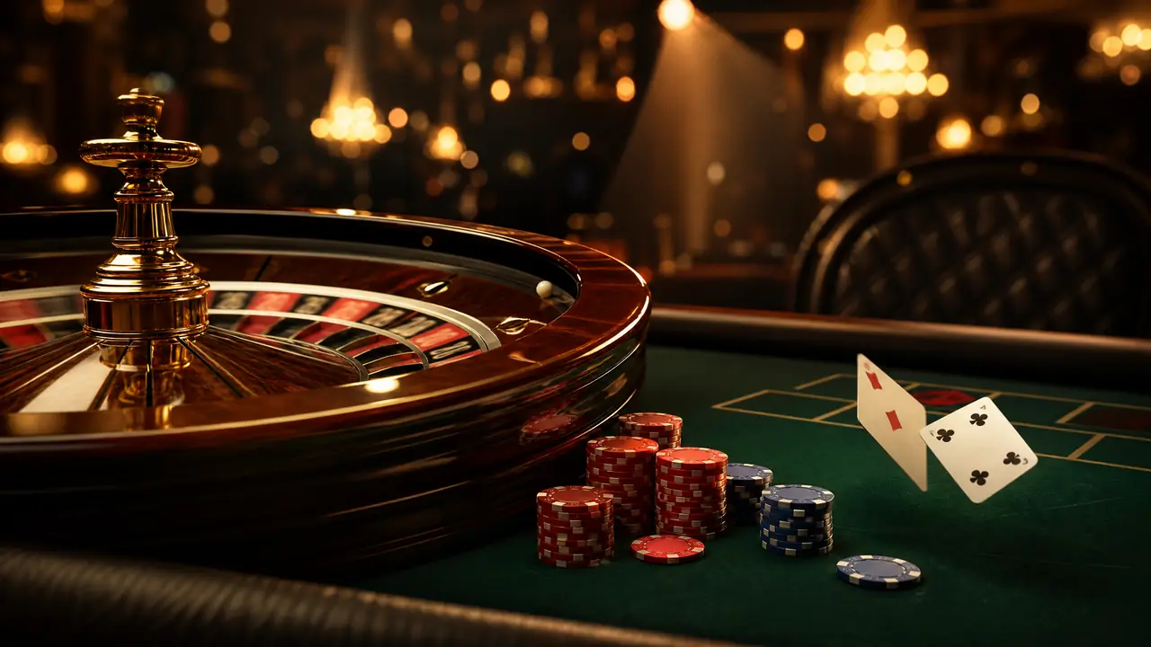 Roda roulette dengan chip taruhan di meja kasino