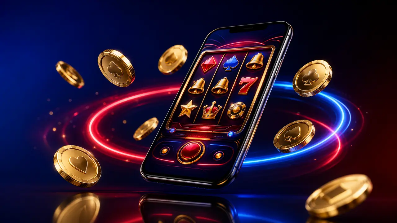 Ponsel menampilkan antarmuka permainan slot dengan koin emas melayang