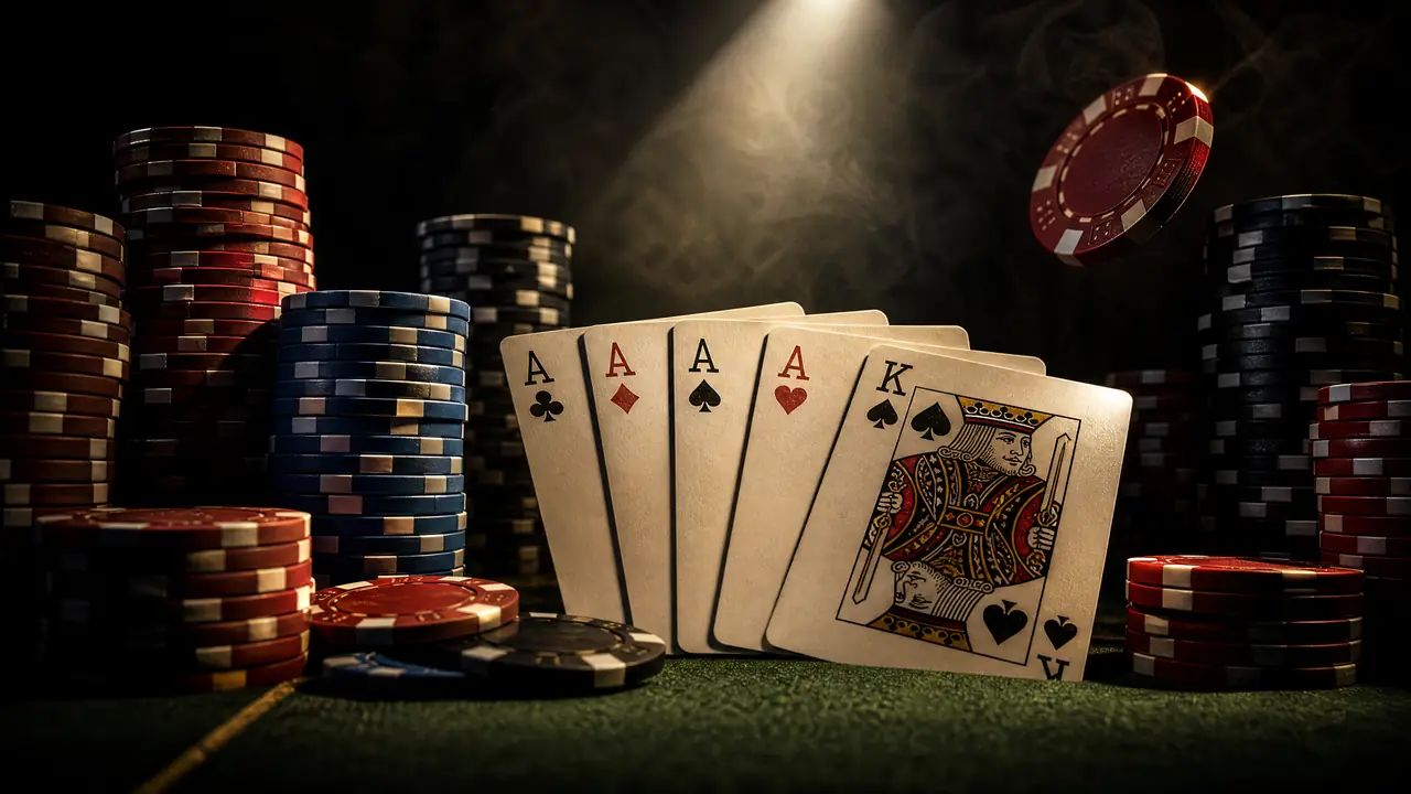 Empat kartu as dan tumpukan chip poker di atas meja