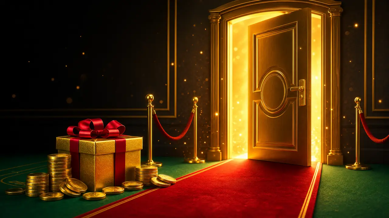 Pintu emas terbuka dengan karpet merah dan hadiah