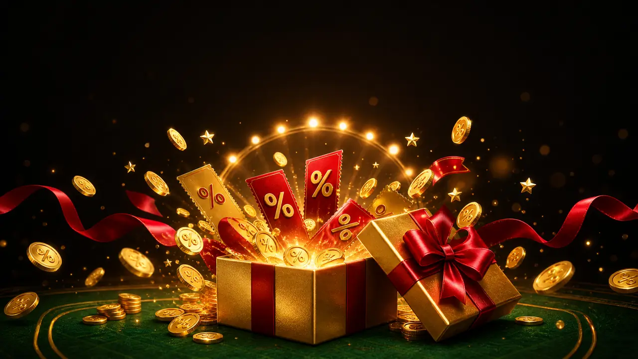 Kotak hadiah emas dengan koin dan voucher promosi