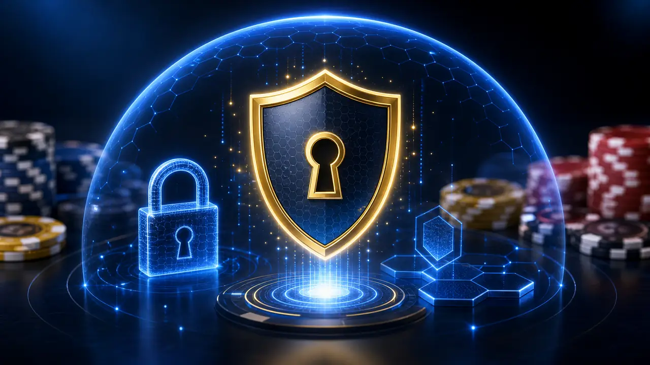 Perisai emas dengan gembok digital melambangkan perlindungan akun