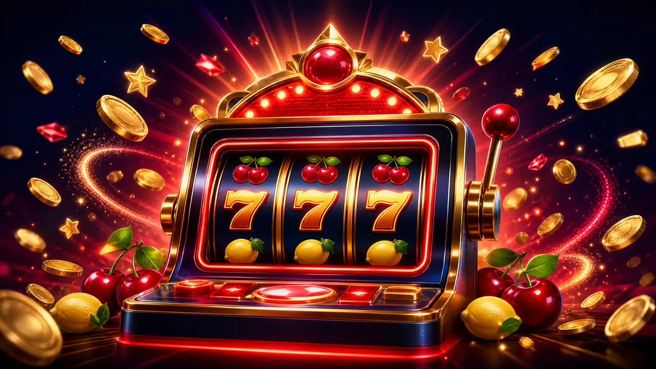 Mesin slot digital dengan simbol buah dan angka tujuh