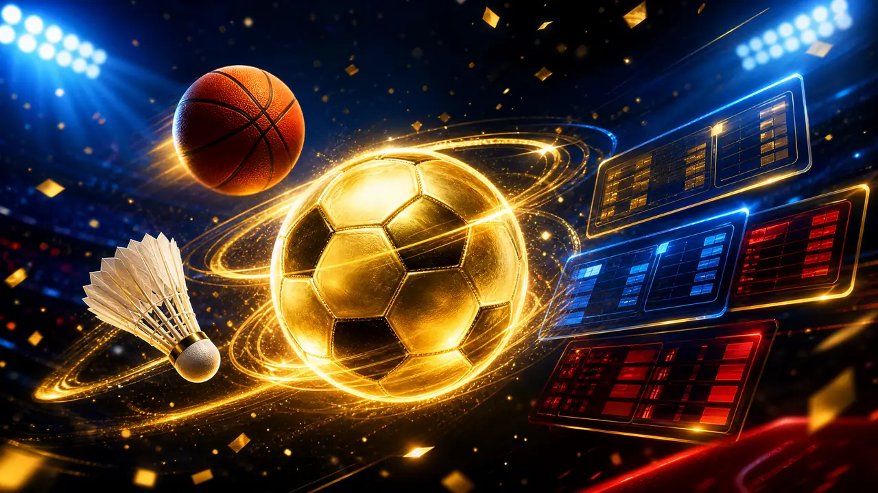 Bola emas dengan panel skor digital dan perlengkapan olahraga